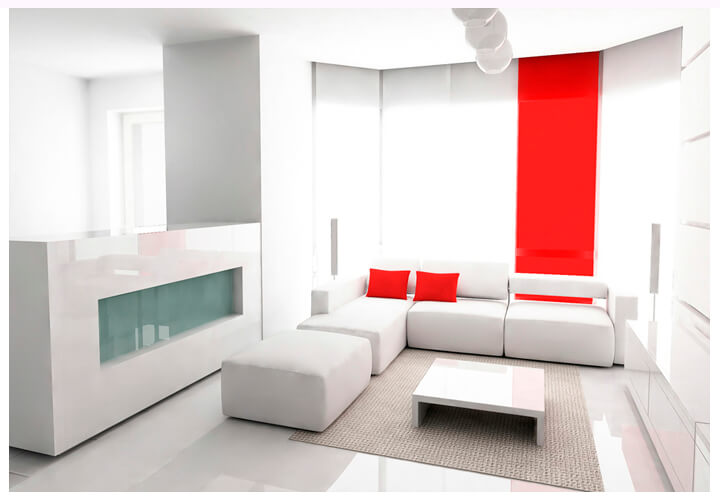 Интерьер бело-красной гостиной в стиле минимализм 